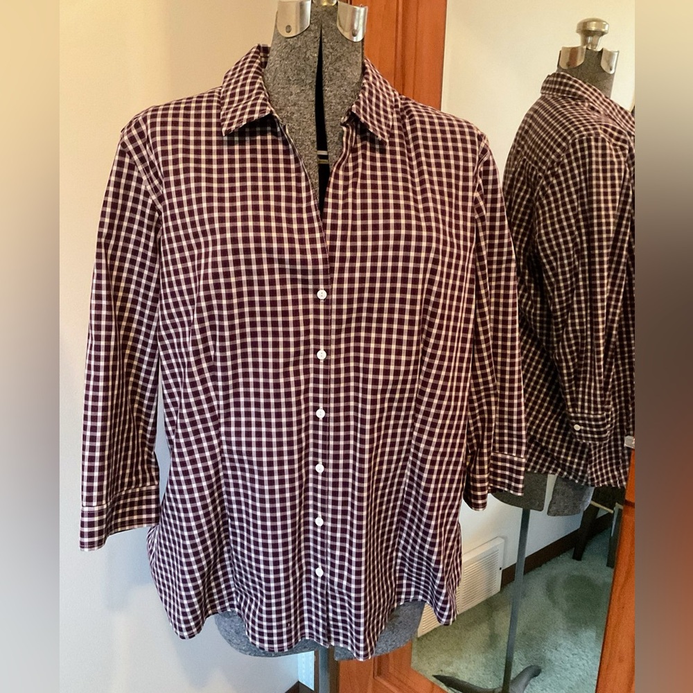 Eddie Bauer Wrinkle Free Gingham Button Down 3/4 Cuffed Sleeve Shirt